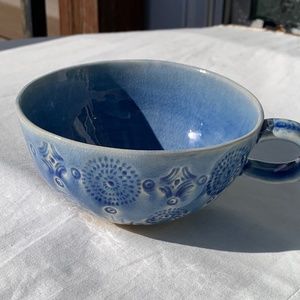 Anthropologie Blue teacup handmade pottery glazed geometric made in Portugal